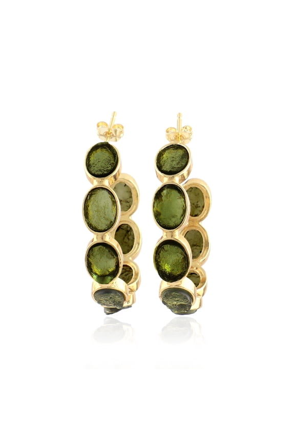 Raw Uncut Moldavite Hoop Earrings | Oval Shape 18K Gold Plated Brass Push Back Hoops | Handmade Green Gemstone Jewelry for Women