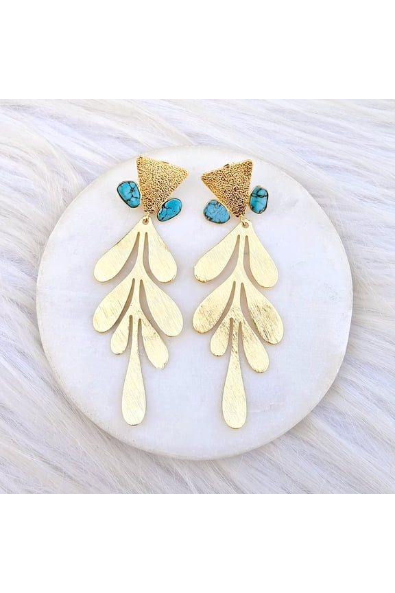 Statement Leaf Earrings Jewelry - Turquoise - 18K Gold Plated Brass for Women