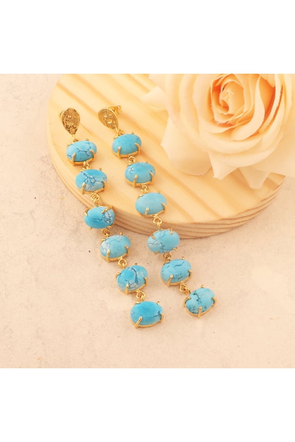 Turquoise Gemstone Prong Drop Earrings, Gold Plated Brass Screw-Back, 96mm Long, 8x12mm Stone, Wedding & Party Jewelry