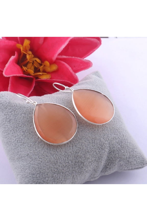 Orange Cat's Eye Gemstone With Silver-plated Earring For Wedding, Party, Birthday, Anniversary Gift