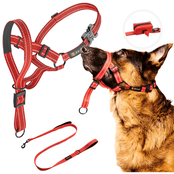 Zevey Dog Headcollar With Leash And Safety Strap Stops Heavy Pulling On The Leash Padded Reflective Head Halter For Small Medium Large Dogs Adjustable Head Harness For Training And Walking, (XL, RED)