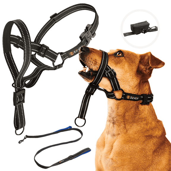 Zevey Dog Headcollar With Leash And Safety Strap Stops Heavy Pulling On The Leash Padded Reflective Head Halter For Small Medium Large Dogs Adjustable Head Harness For Training And Walking (S, Black)
