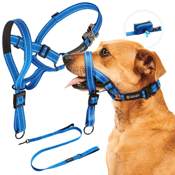 Zevey Dog Headcollar With Leash And Safety Strap Stops Heavy Pulling On The Leash Padded Reflective Head Halter For Small Medium Large Dogs Adjustable Head Harness For Training And Walking, (S, Blue)