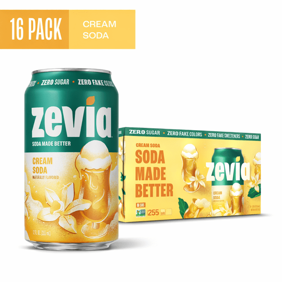 Zevia Cream Soda, Zero Sugar & 0 Calorie Sparkling Beverage, 12 fl oz Cans, Pack of 16