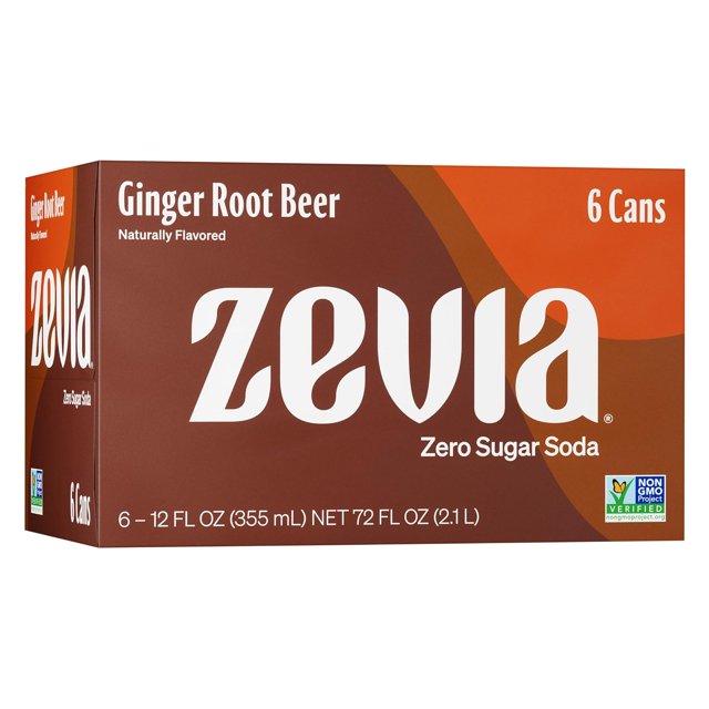 Zevia Ginger Root Beer, Zero Calorie Soda, 12 Fl Oz Cans, 6 Pack