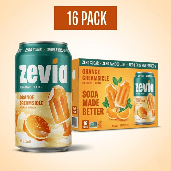 Zevia Orange Creamsicle Soda, Zero Sugar & 0 Calorie Sparkling Beverage, 12 fl oz Cans, Pack of 16