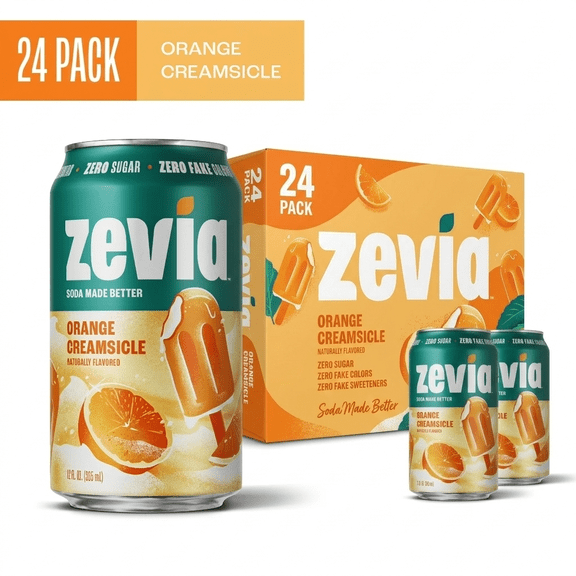 Zevia Orange Creamsicle Soda, Zero Sugar & 0 Calorie Sparkling Beverage, 12 fl oz Cans, Pack of 24