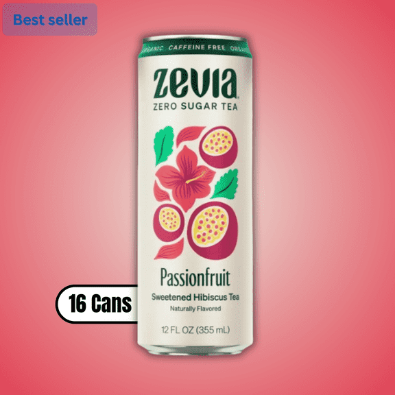 Zevia Organic Caffeine Free Passionfruit Sweetened Hibiscus Tea, Zero Sugar Herbal Iced Tea Beverage, 12 fl oz Cans, 16 Pack