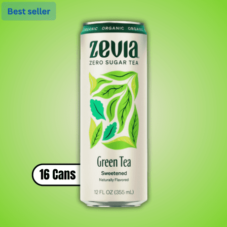 Zevia Organic Sweetened Green Tea, Zero Sugar Naturally Sweet Healthy Iced Tea Beverage, 12 fl oz Cans, 16 Pack
