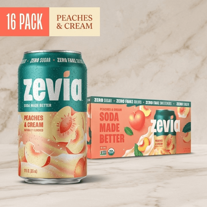 Zevia Peaches & Cream Soda, Zero Sugar & 0 Calorie Sparkling Beverage, 12 fl oz Cans, Pack of 16