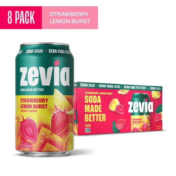 Zevia Zero Calorie, Caffeine Free Strawberry Lemon Burst Soda Pop, 12 fl oz, 8 Pack Cans