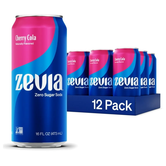 Zevia Zero Sugar Soda, Cherry Cola, 16 oz Cans (12-Pack) – Naturally Sweetened, Zero Calorie Sugar Free Soda - Non-GMO Project Verified, Gluten-Free, Vegan