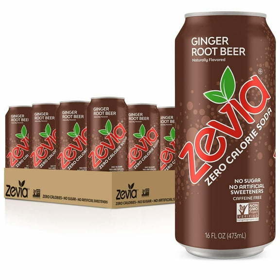 Zevia Zero Calorie Soda, Ginger Root Beer, 16 Ounce Cans (Pack of 12)