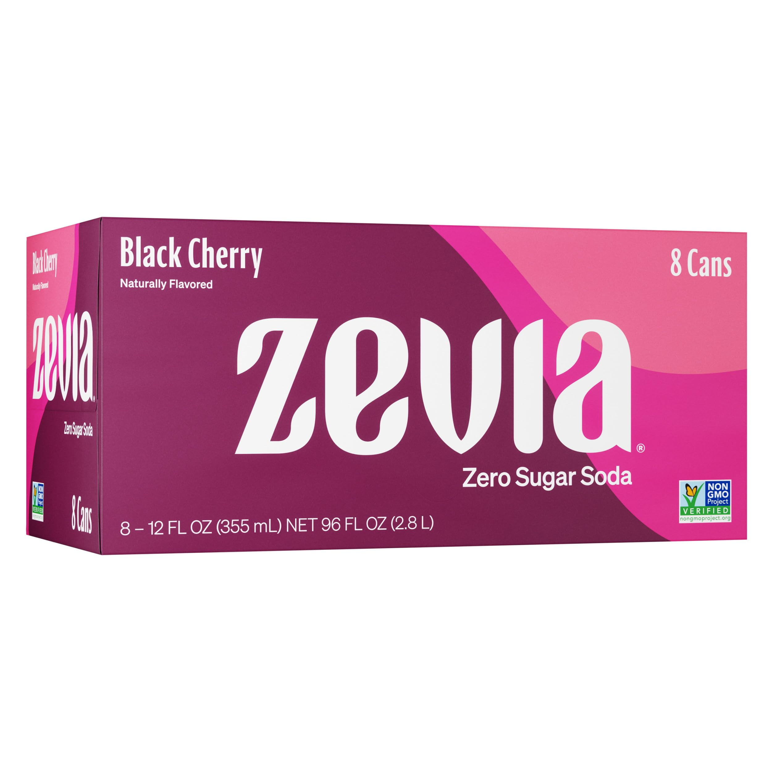 Zevia Zero Sugar, 0 Calorie Black Cherry Soda Pop, 12 fl oz, 8 Pack Cans (Pack of 2)