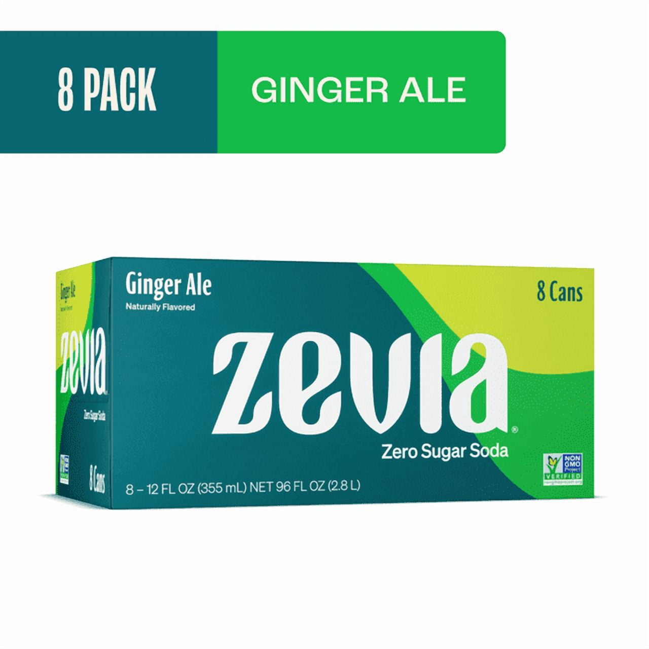 Zevia Zero Sugar, 0 Calorie Caffeine-Free Ginger Ale Soda Pop, 12 fl oz, 8 Pack Cans (Pack of 2)