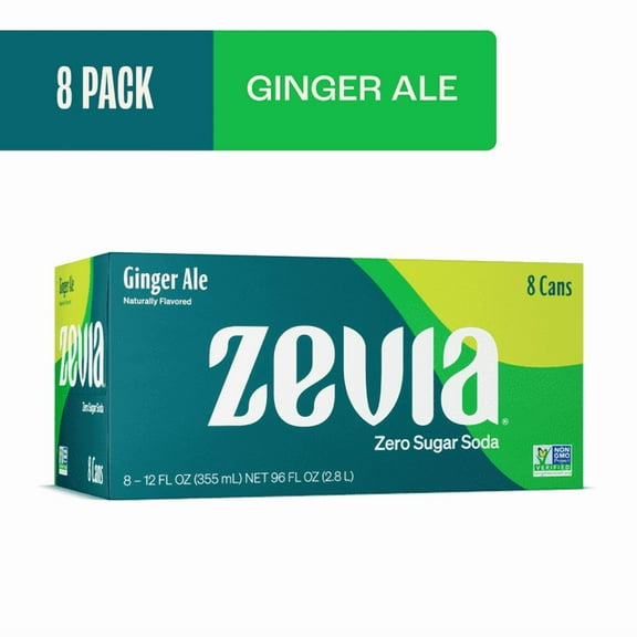 Zevia Zero Sugar, 0 Calorie Caffeine-Free Ginger Ale Soda Pop, 12 fl oz, 8 Pack Cans (Pack of 2)