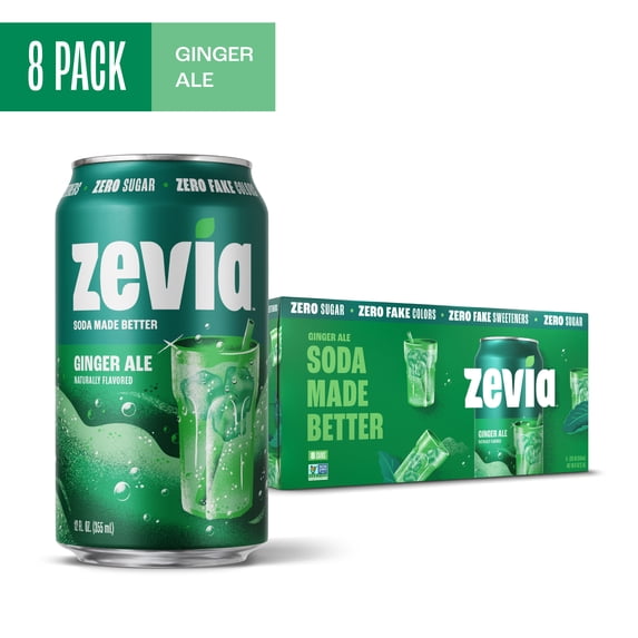 Zevia Zero Sugar, 0 Calorie Caffeine-Free Ginger Ale Soda Pop, 12 fl oz, 8 Pack Cans