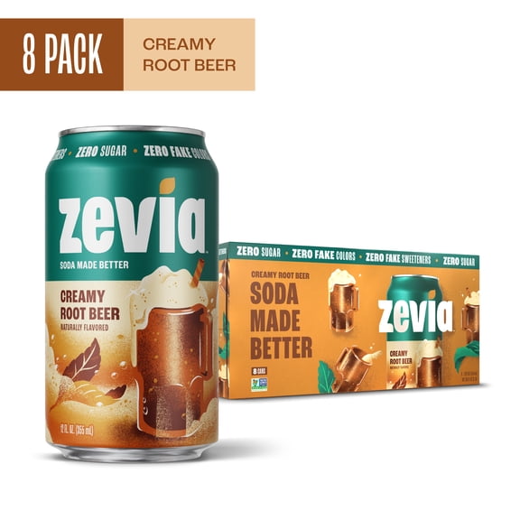 Zevia Zero Sugar, 0 Calorie Creamy Root Beer Soda Pop, 12 fl oz, 8 Pack