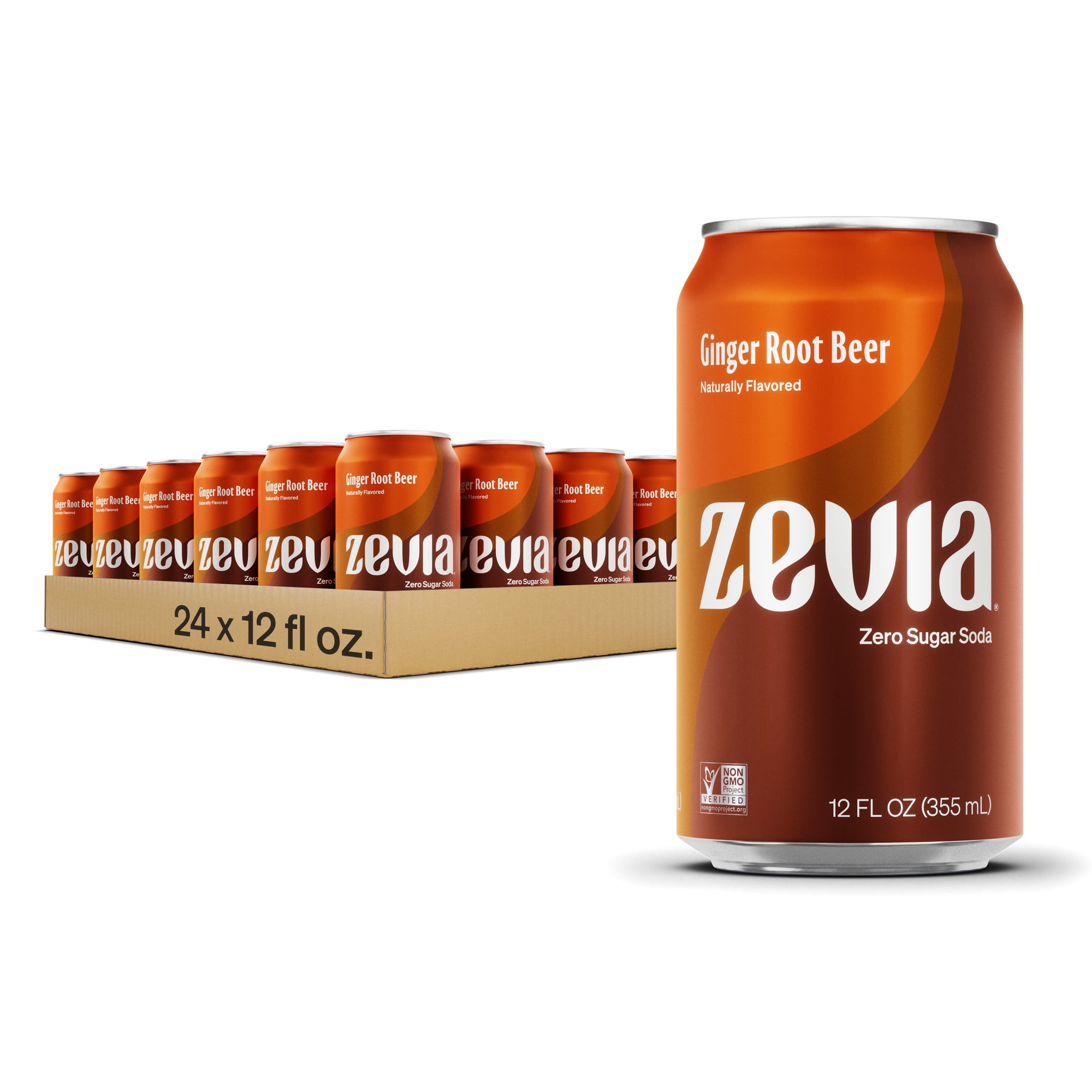 Zevia Zero Sugar, 0 Calorie Ginger Root Beer Soda Pop, 12 fl oz, 24 Pack of Cans