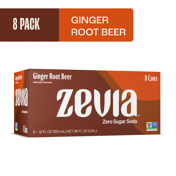 Zevia Zero Calorie, No Sugar Ginger Root Beer Soda Pop, 12 fl oz, 8 Pack Cans