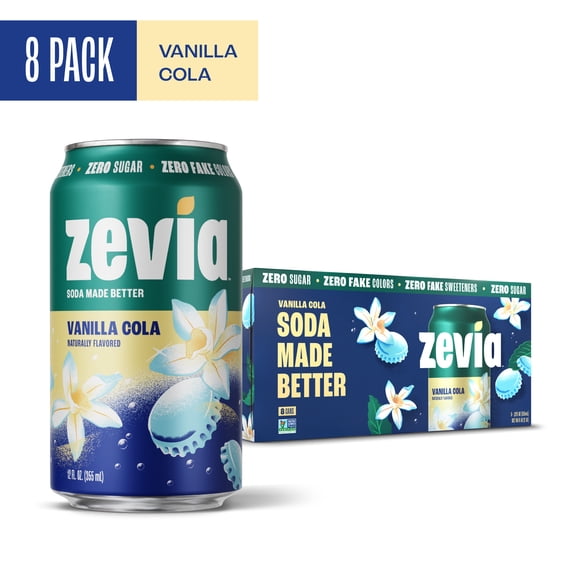 Zevia Zero Sugar, 0 Calorie Vanilla Cola Soda Pop, 12 fl oz, 8 Pack Cans