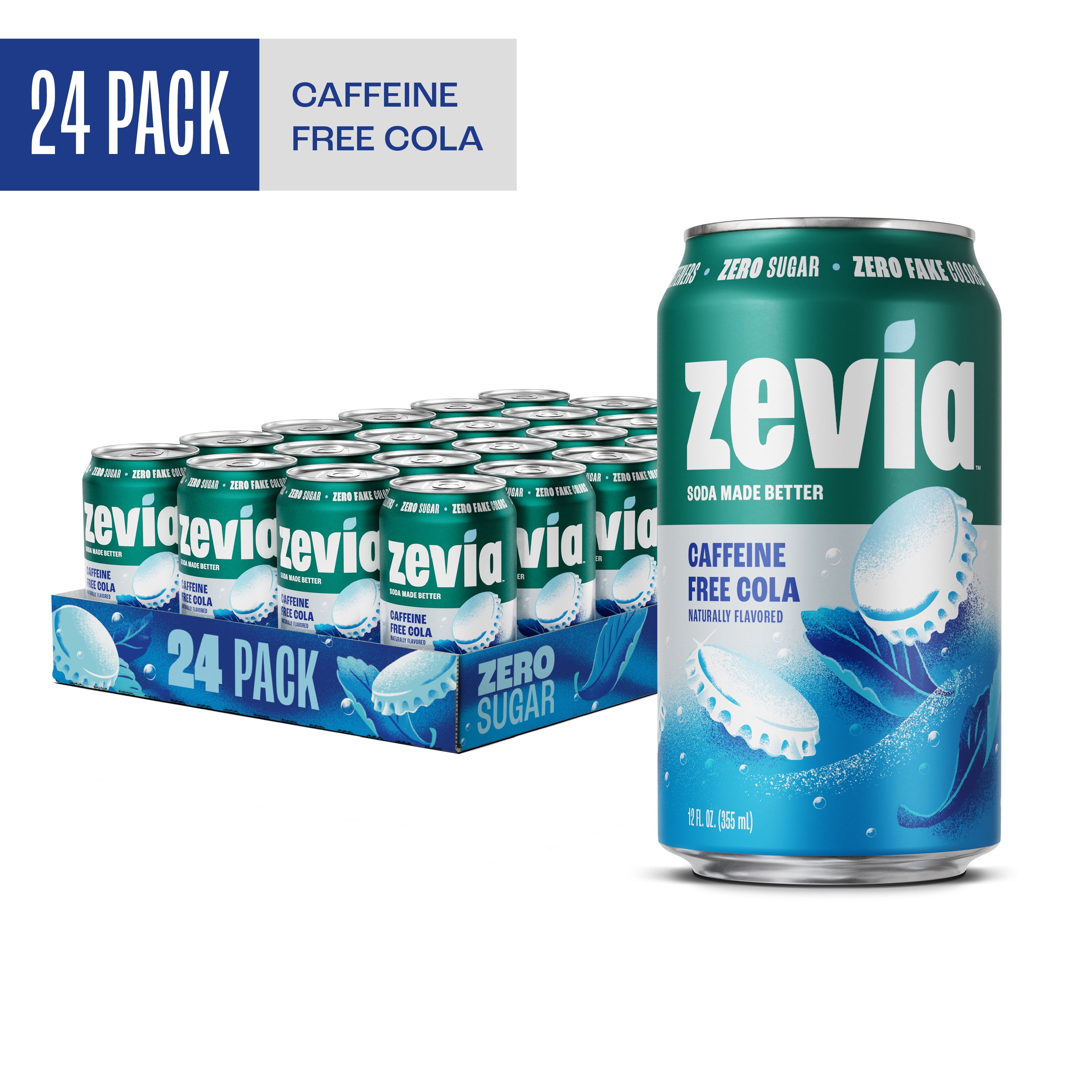 Zevia Zero Sugar Caffeine Free Cola Soda Pop, 12 fl oz, 24 Pack of Cans