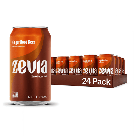 Zevia Zero Sugar, 0 Calorie Ginger Root Beer Soda Pop, 12 fl oz, 24 Pack of Cans