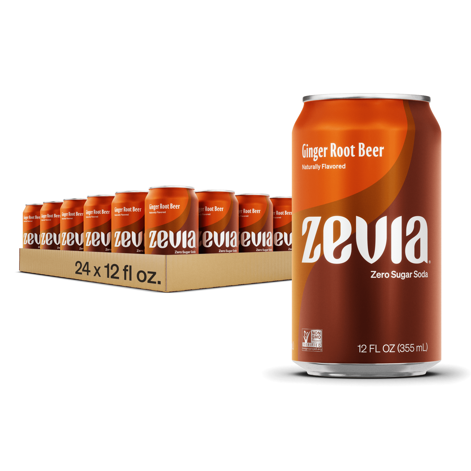 Zevia Zero Sugar, Ginger Root Beer Soda Pop, 12 Fl Oz (Pack of 24