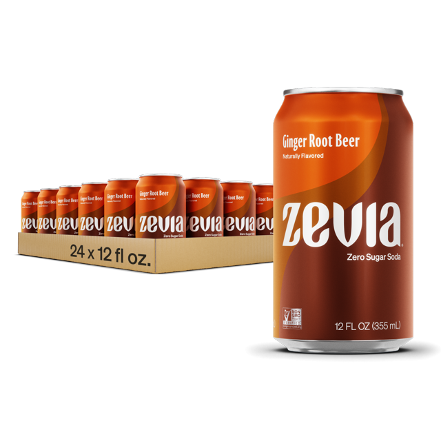 Zevia Zero Sugar, Ginger Root Beer Soda Pop, 12 Fl Oz (Pack of 24