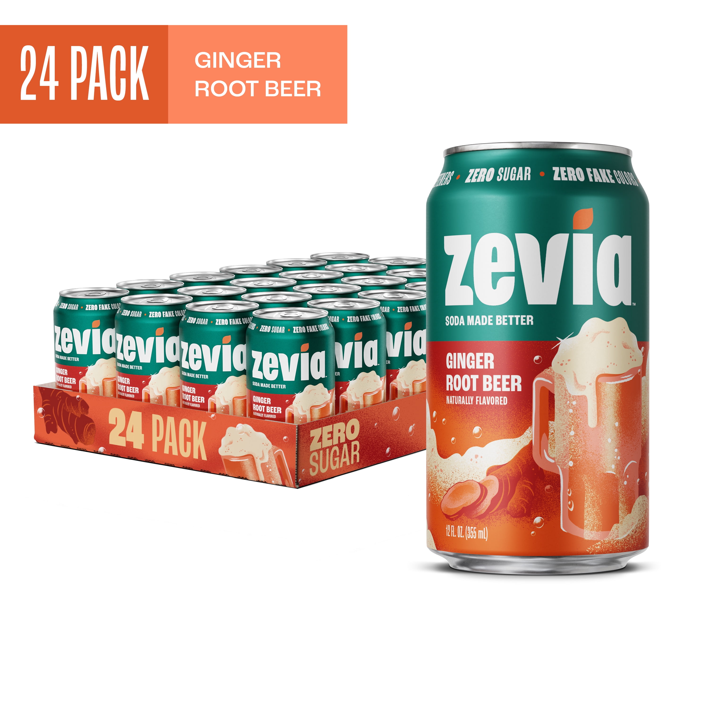 Zevia Zero Sugar, 0 Calorie Ginger Root Beer Soda Pop, 12 fl oz, 24 Pack of Cans