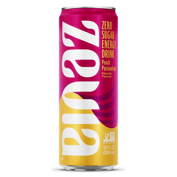 Zevia Zero Sugar, Peach Passionfruit Energy Drink, 12 Fl Oz (Pack of 12)