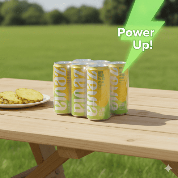 Zevia Zero Sugar Pineapple Paradise Energy Drink, 12 fl oz Cans (Pack of 6)