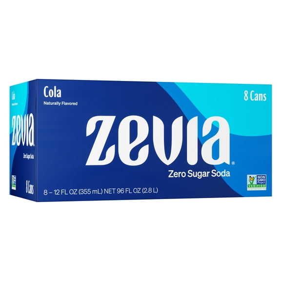 Zevia Zero Sugar Soda, Cola, 12 oz Cans (8-Pack) Naturally Sweetened, Non-GMO Project Verified, Gluten-Free, Vegan