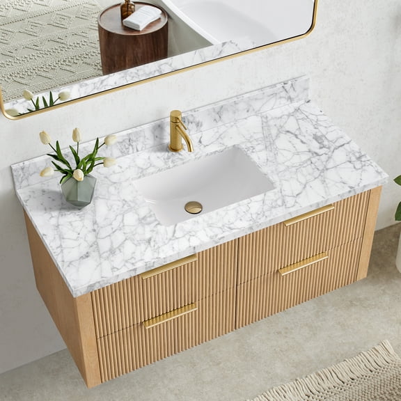 Zevio 49"W x 22"D Natural Marble Vanity Top in Carrara White with Ceramic Sink