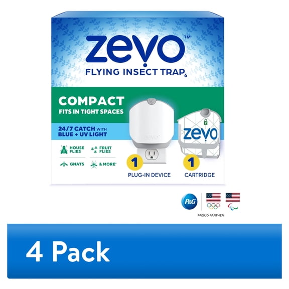 (4 pack) Zevo Compact Flying Insect Trap - 1 Plug In Device & 1 Cartridge