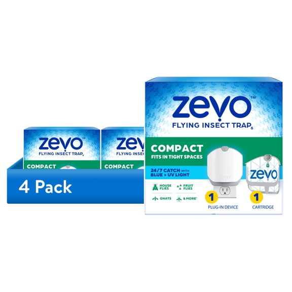 (4 pack) Zevo Compact Flying Insect Trap - 1 Plug In Device & 1 Cartridge