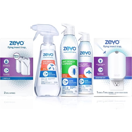 Zevo Complete Insect Control Kit - Fruit Fly Gnat Roach Spider & Flying Insect Spray Bundled with Flying Insect Trap Starter kit & Refill kit
