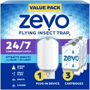Zevo Flying Insect Indoor Fly Trap: Easy, Mess-Free Solution - Light Trap Catches & Kills House Flies, Fruit Flies, Gnats, & More - Value Pack (1 Plug in Device + 3 Refill Cartridges)