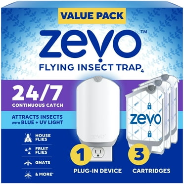 Zevo Flying Insect Indoor Fly Trap: Easy, Mess-Free Solution - Light Trap Catches & Kills House Flies, Fruit Flies, Gnats, & More - Value Pack (1 Plug in Device + 3 Refill Cartridges)