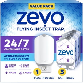 Zevo Indoor Fly Trap Full Size: Easy, Mess-Free Light Trap Catches & Kills Flying Insects, House Flies, Fruit Flies, Gnats, & More (1 Plug in Device & 3 Cartridges)