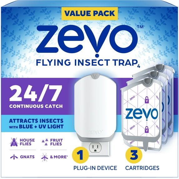 Zevo Indoor Fly Trap Full Size: Easy, Mess-Free Light Trap Catches & Kills Flying Insects, House Flies, Fruit Flies, Gnats, & More (1 Plug in Device & 3 Cartridges)