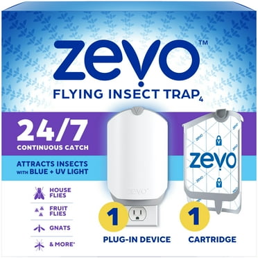 Zevo Flying Insect Indoor Fly Trap: Easy, Mess-Free Solution - Light Trap Catches & Kills House Flies, Fruit Flies, Gnats, & More (1 Plug in Device & 1 Refill Cartridge)
