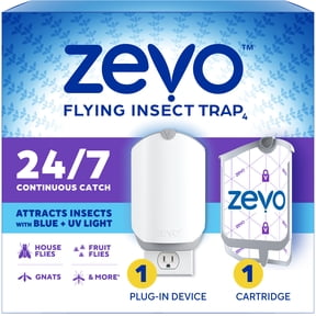 Zevo Flying Insect Indoor Fly Trap Full Size: Easy, Mess-Free Solution - Light Trap Catches & Kills House Flies, Fruit Flies, Gnats, & More (1 Plug in Device & 1 Cartridge)