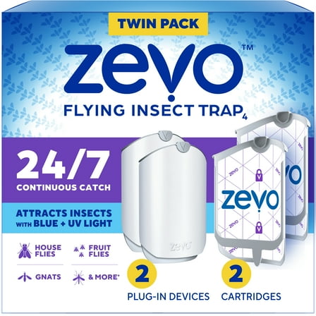 Zevo Flying Insect Indoor Fly Trap Full Size: Easy, Mess-Free Solution - Light Trap Catches & Kills House Flies, Fruit Flies, Gnats, & More (2 Plug in Devices & 2 Cartridges)