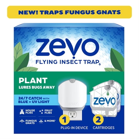 Zevo Plant Flying Insect Indoor Fly Trap: Easy & Mess-Free, Use Near Indoor House Plants - Light Trap Catches & Kills Fungus Gnats, House Flies, & Fruit Flies (1 Plug in Device & 2 Cartridges)