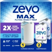 Zevo Max Flying Insect Indoor Fly Trap: Easy, Mess-Free Solution - Light Trap Catches & Kills House Flies, Fruit Flies, Gnats, & More (1 Plug in Device & 2 Cartridges)