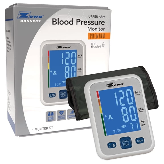 Zewa Smart Arm Blood Pressure Monitor | 60-Reading Memory | 2 Adjustable Cuffs (8.7”-16.5” & 13.4”-18.9”) | Irregular Heartbeat Detection | Illuminated Display | Date & Time Function