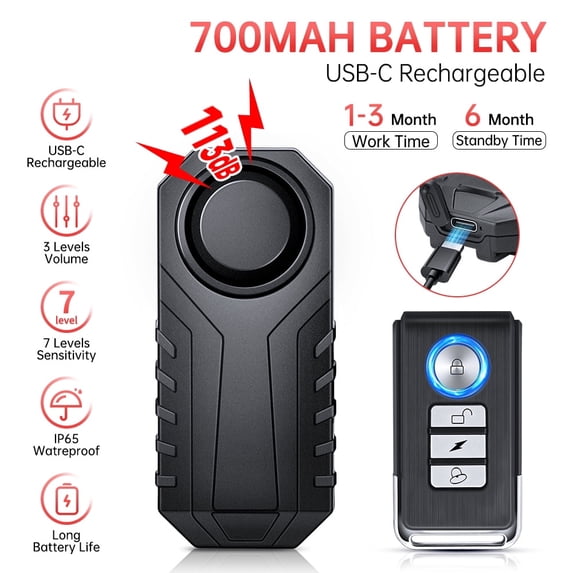 Zexmte Bicycle Burglar Alarm Wireless Remote Control 113dB Type-C Rechargeable IP65 Waterproof Home Security Bike Accessories Bike Alarm with Remote for Electric Bike Motorcycle Anti-Theft System