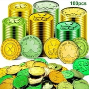 Zexumo 100pcs St. Patrick's Day Clover Coins, Plastic Green and Gold Lucky Coins for Party Supplies St. Patrick's Day Decorations, Treasure Hunt Game and Party Favors