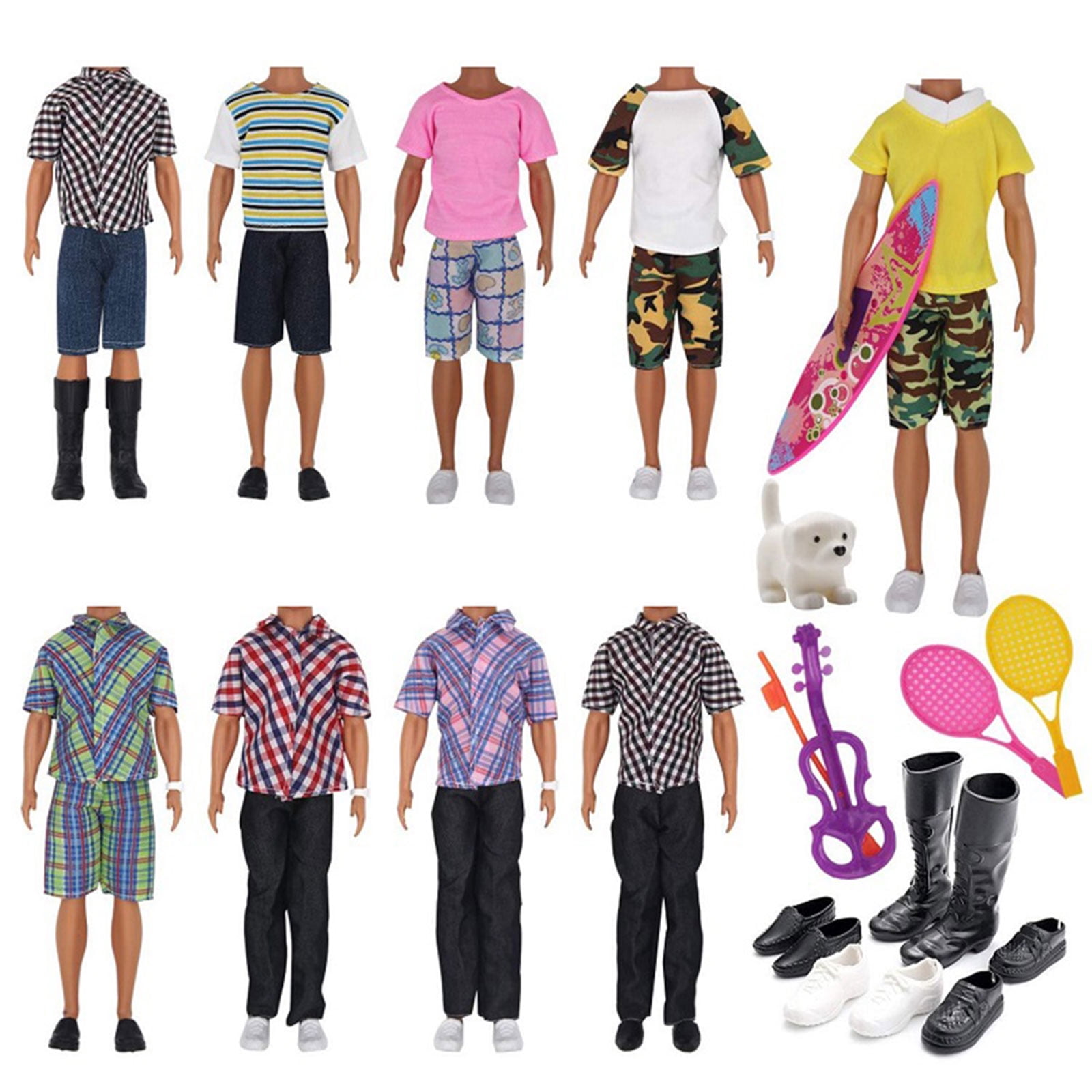  Barbie Ken Fashions 2-Pack Clothing Set, 1 Outfit & Accessory  for Barbie Doll: Tropical Dress & Tote; 1 Outfit & Accessory for Ken Doll:  Jersey & Board Shorts, Gift for Kids